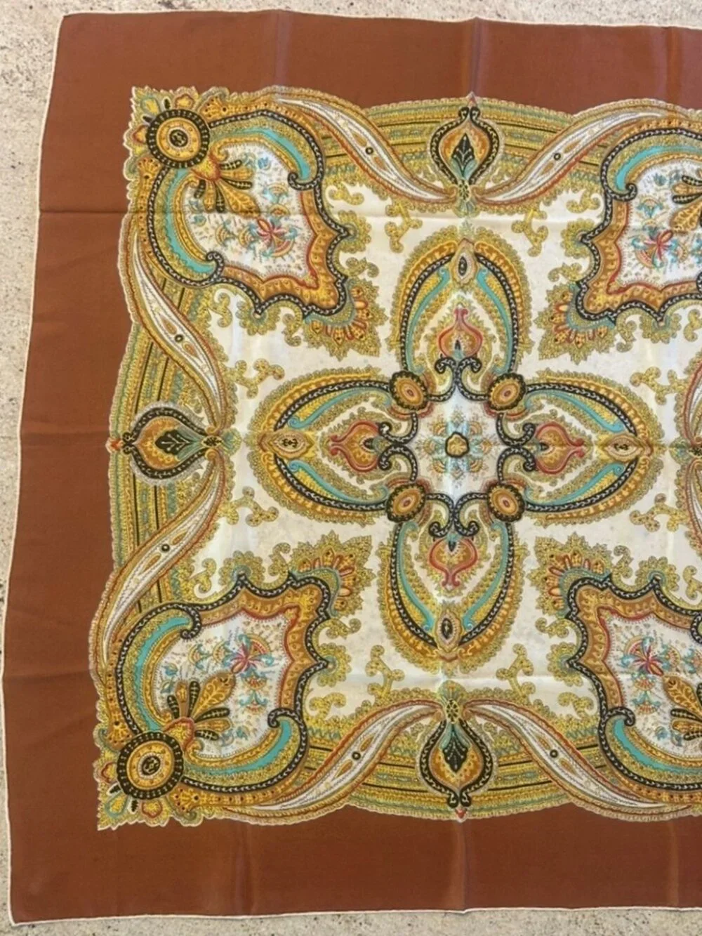 Vintage Glentex All Silk Hand Rolled Made in Japan Brown Border Scarf